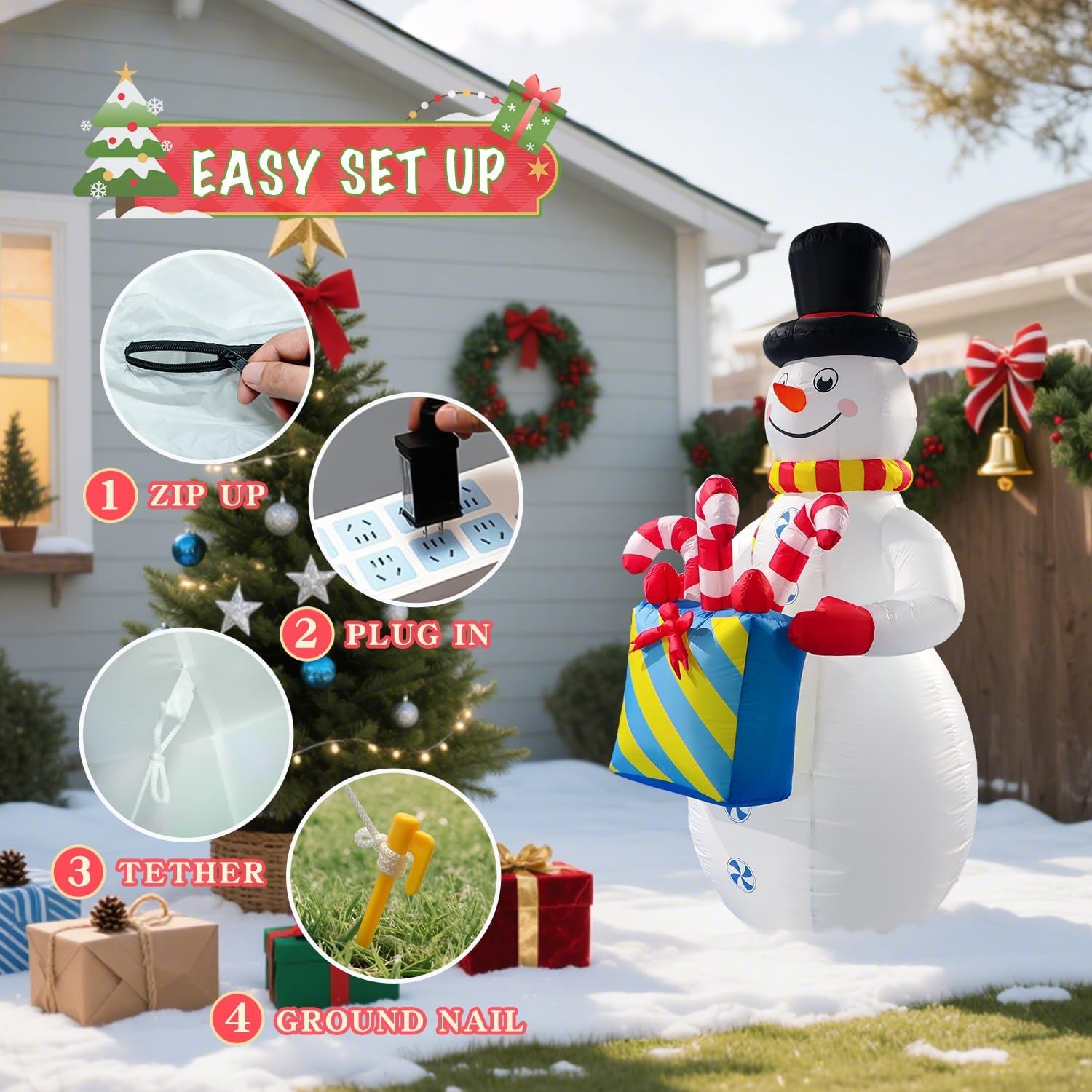 8Ft Tall Inflatable Snowman Christmas Decorations,Built-In LED Lights Outdoor Holiday Decor with Gift Box and Candy Canes, Fast Self-Inflating,For Yard Holiday Xmas New Year