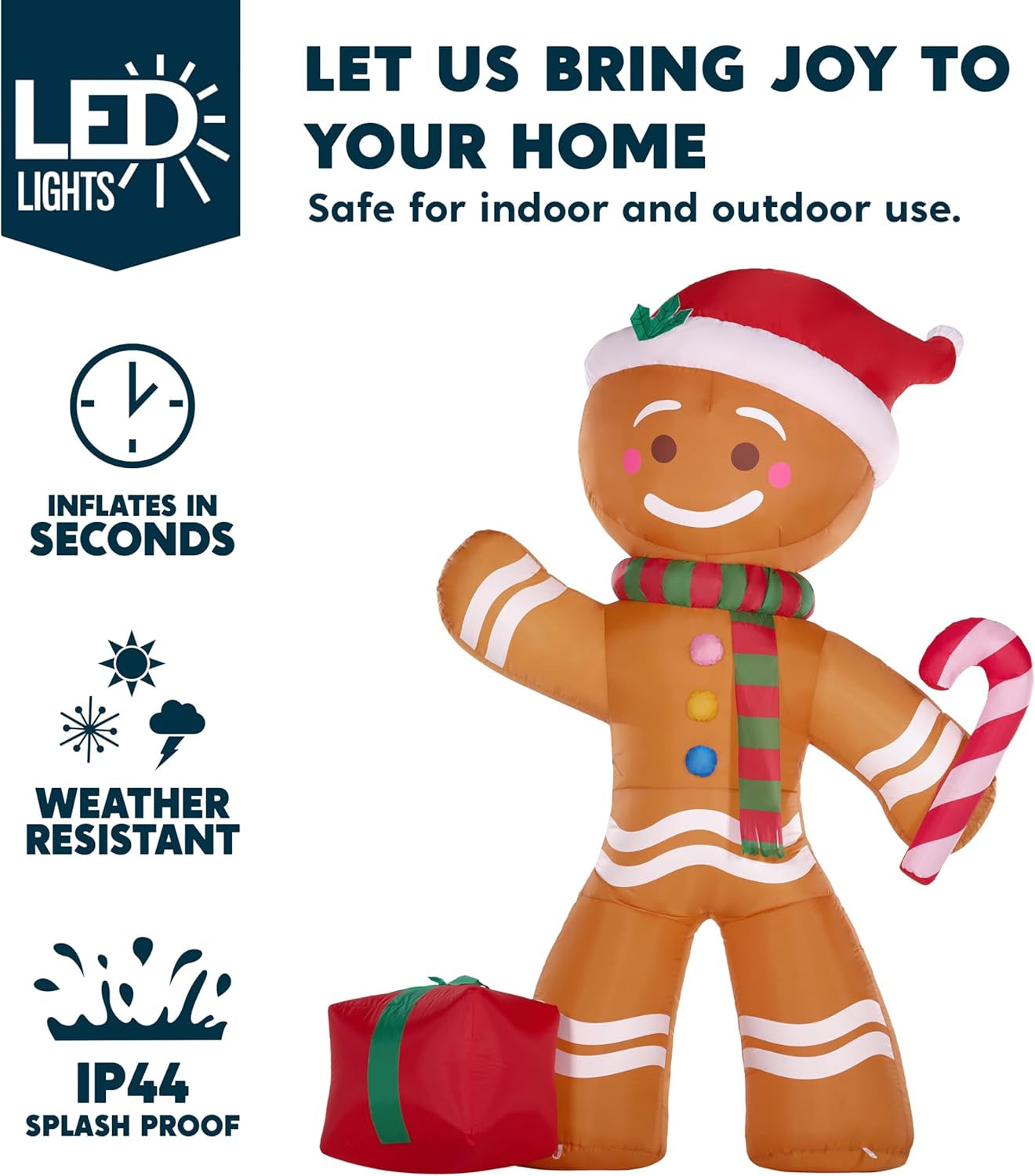 8 FT Christmas Inflatables Gingerbread Man with Candy Cane, Christmas Blow Ups Gingerbread Inflatable Yard Decoration with Build-In Leds for Xmas, Party, Outdoor, Yard, Garden, Lawn Décor