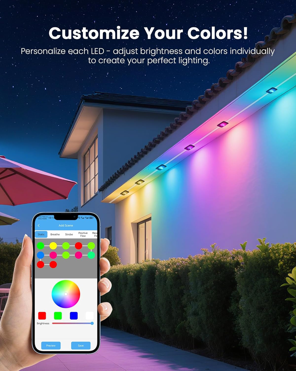 200FT RGB+IC Permanent Outdoor Lights, 24V Year-Round Roof & Eaves Lighting with 221 Modes, App & Remote Control, IP68 Waterproof, Smart outside Lights for Halloween, Christmas, Holidays