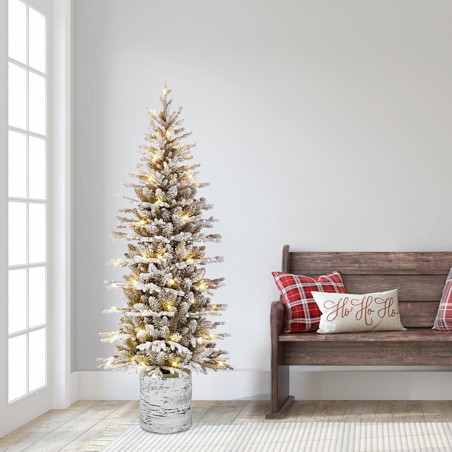 6Ft Pre-Lit Potted Flocked Pencil Christmas Tree