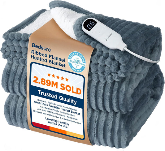 Gentlesoft Heated Blanket Throw - Soft Ribbed Flannel Electric Blanket, Gifts for Grandma (50X60 Inches, Grey)