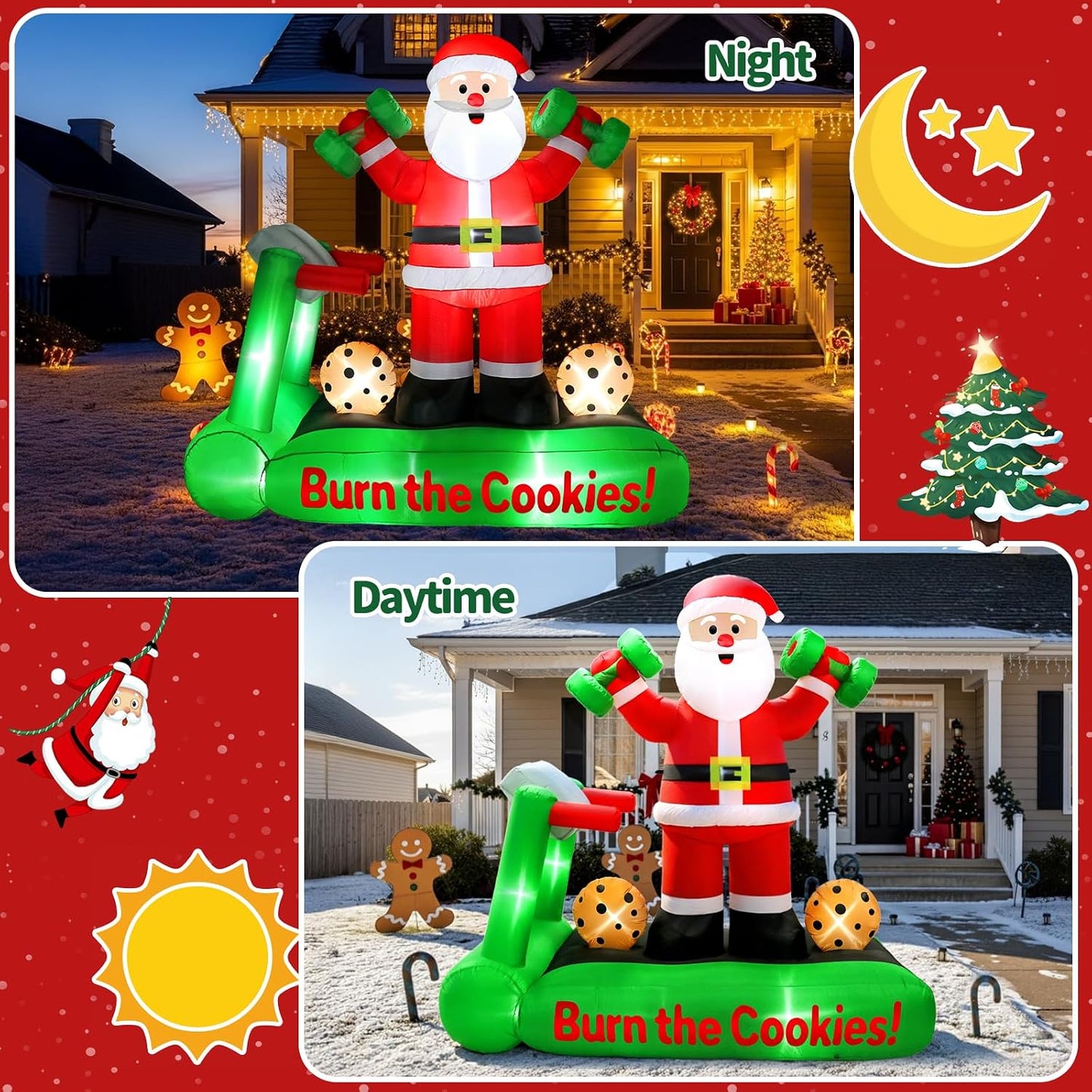 7FT Christmas Inflatable Santa Decorations, Santa on Treadmill with Dumbbells, Funny Fitness Santa Outdoor Blow up Yard Decoration with Built-In LED Lights for Holiday Garden, Lawn, Patio