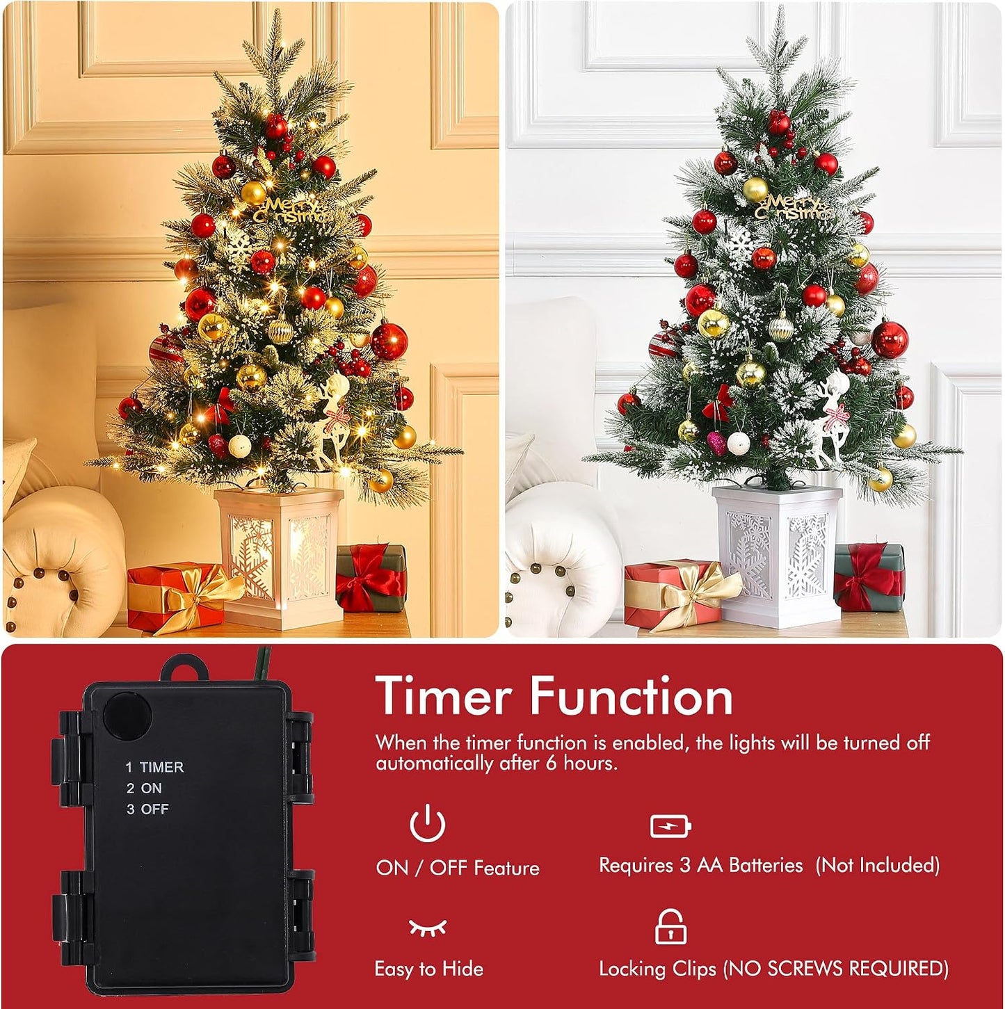 3FT Prelit Christmas Tree, Artificial Xmas Tree with Lighting Base