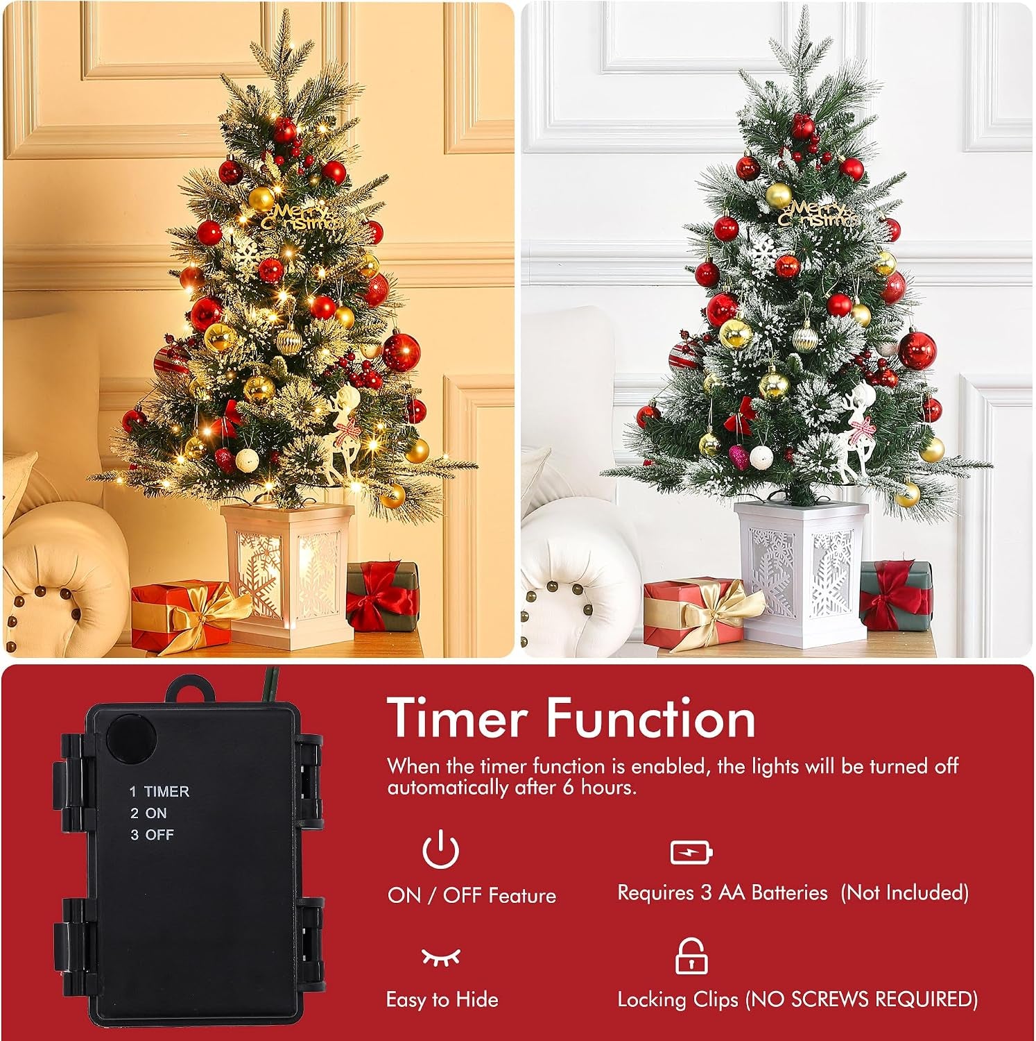 3FT Prelit Christmas Tree, Artificial Xmas Tree with Lighting Base