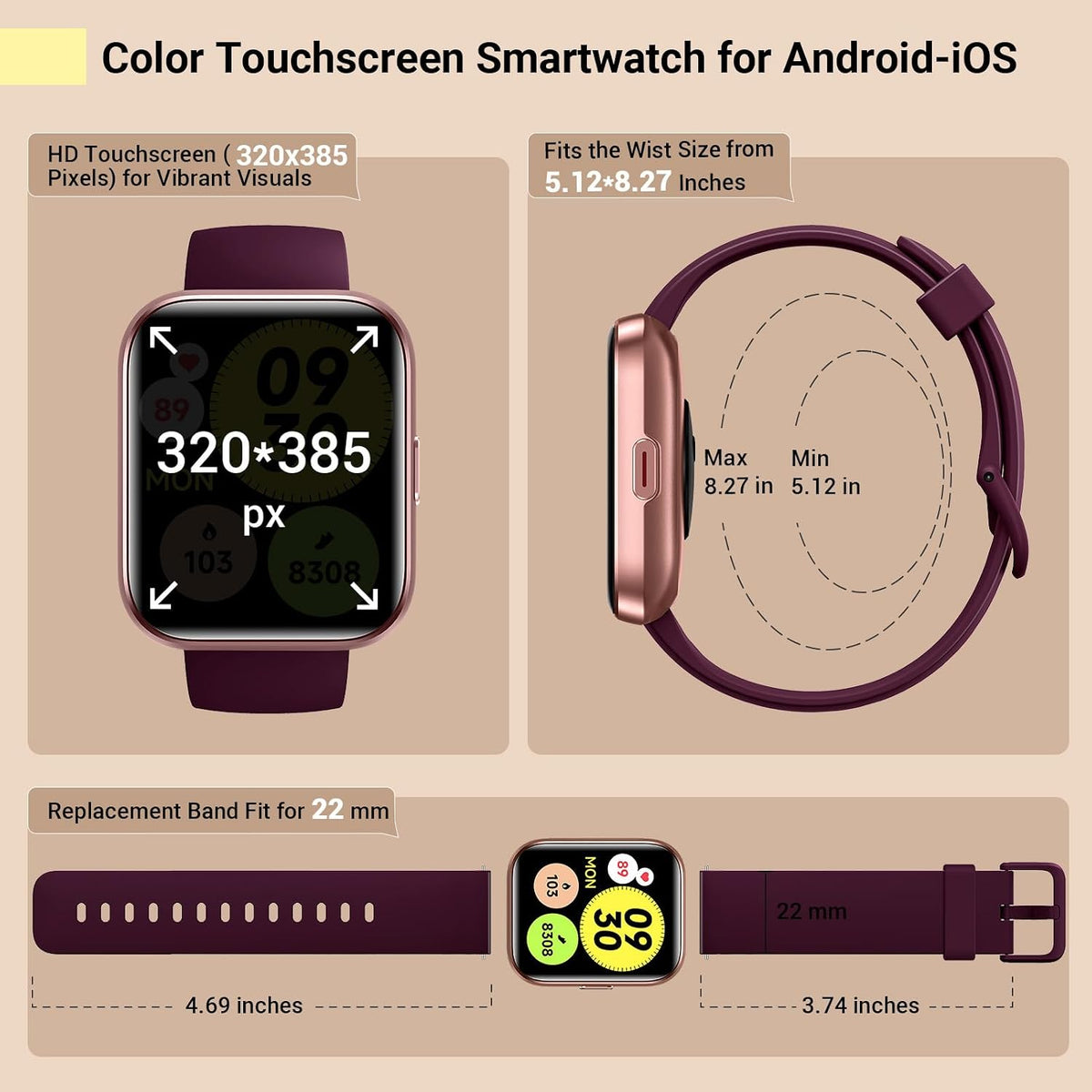 Smart Watches for Women, Smart Watch for Android Phones & Iphone, Fitness Watches for Women with Alexa, Call & Notification Alerts, Tracks Heart Rate/Sleep Smartwatches (Dark Purlple, 1.8 Inches)