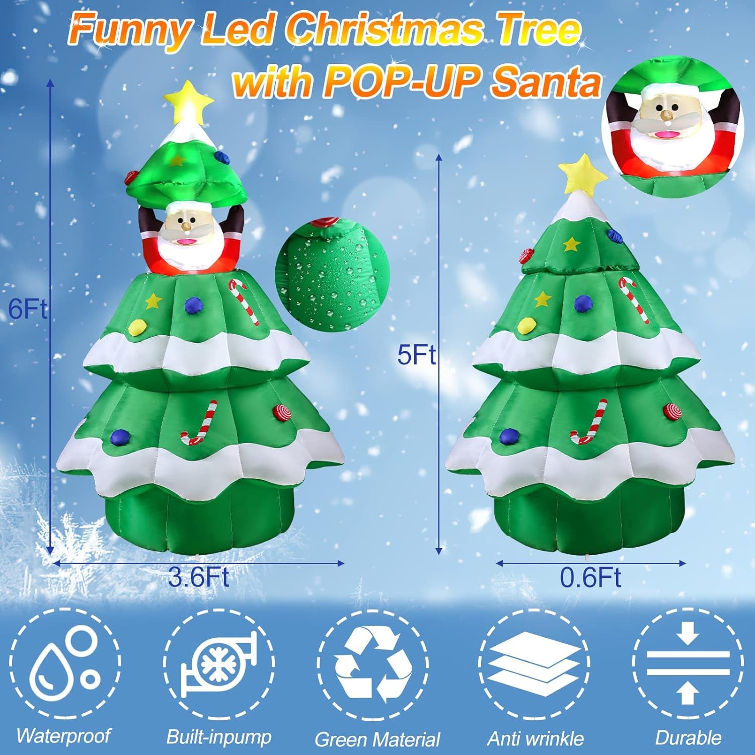 6-Foot Inflatable Christmas Tree with POP-UP Santa, Outdoor Indoor LED Lighted Christmas Tree Decor, Blow up Yard Decorations for Home Family Party Holiday Yard Lawn Garden
