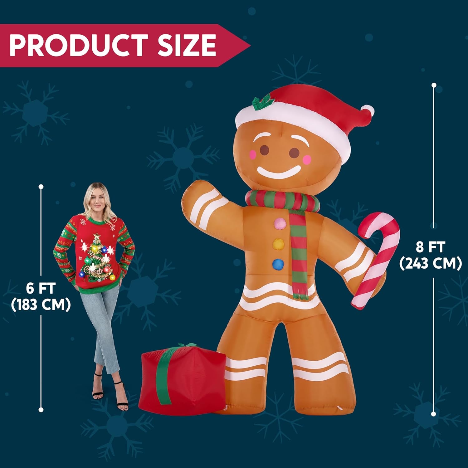 8 FT Christmas Inflatables Gingerbread Man with Candy Cane, Christmas Blow Ups Gingerbread Inflatable Yard Decoration with Build-In Leds for Xmas, Party, Outdoor, Yard, Garden, Lawn Décor