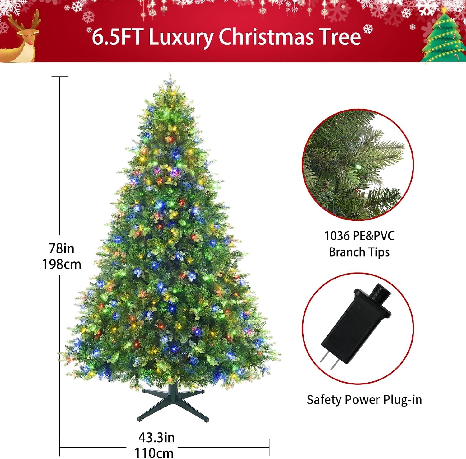 Pre-Lit Rotating Christmas Tree, 6.5FT Artificial for Home Decor