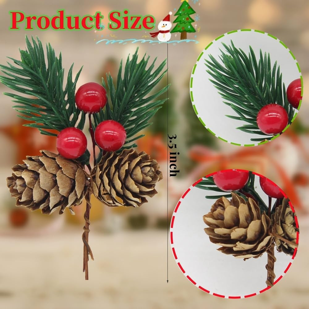 Christmas Floral Picks, 30Pcs Pine Cone Holly Berry Stems for Crafts, Artificial Christmas Picks and Sprays, Red Berry Branches Greenery for Christmas Home Decor, Garland, Wreath (30)