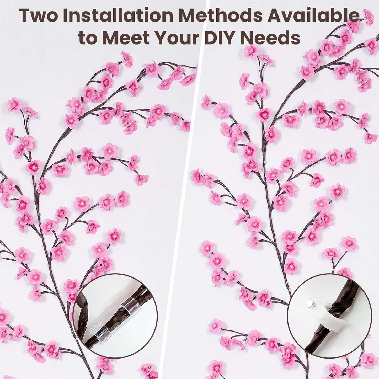 Cherry LED Tree Branch Lights for Wall, Cherry Blossom Willow Vine Twig Decor Garland with 144 LED Lights and Remote,8 Lighting Modes,Christmas Decorations Indoor for Home Wall Door Window (90Inch)