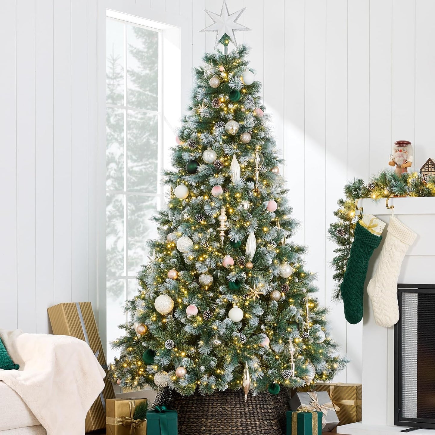 Full Scotch Pine Christmas Tree, 9Ft Pre-Lit Frosted Holiday Decor W/ 2,000 Twinkling Micro LED Lights, 2-In-1 White & Multicolor