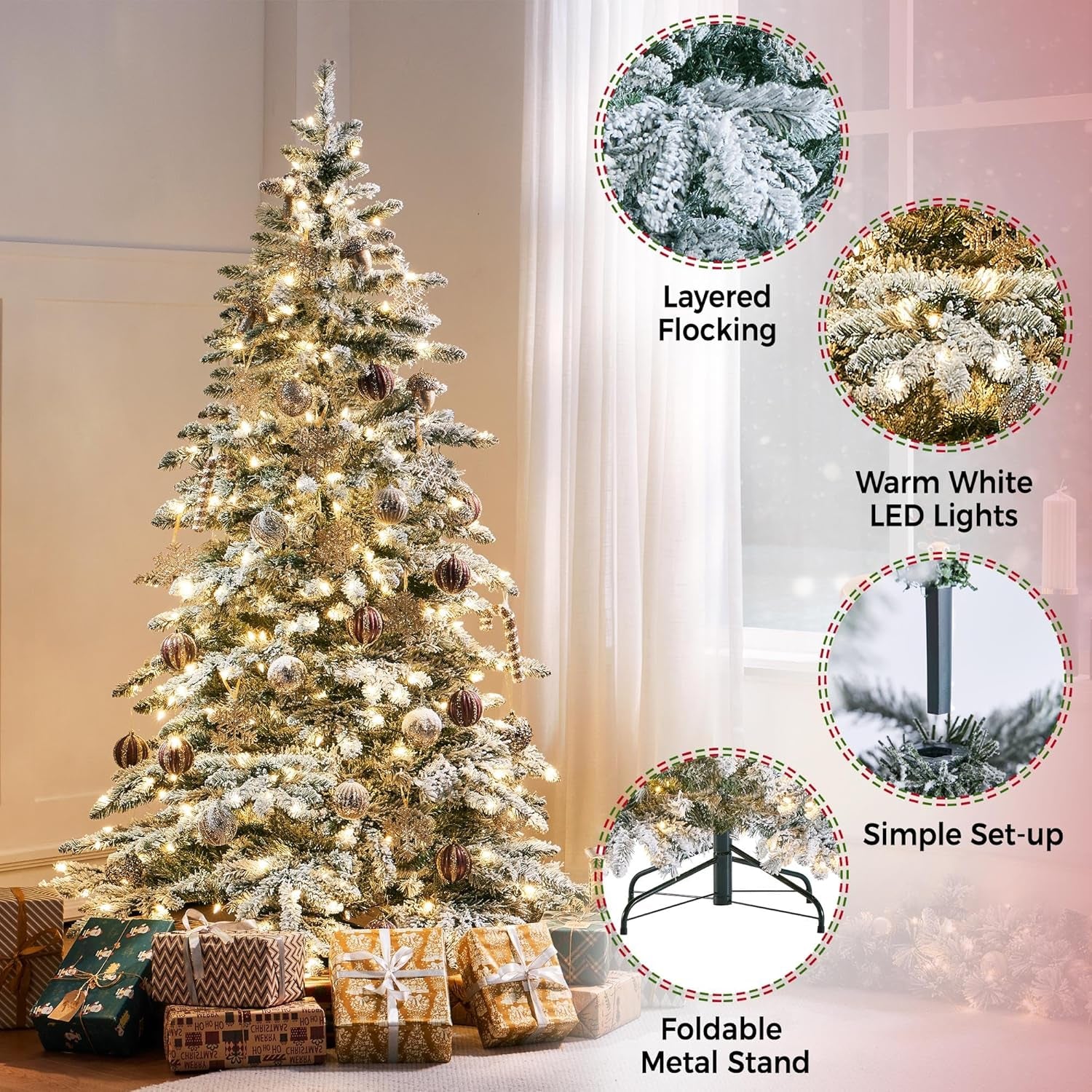 6Ft Pre-Lit Artificial Christmas Tree with 400 Warm White LED Lights & 940 PVC Tips,Hinged Snow Flocked Xmas Tree with Foldable Stand & Protective Foot Caps,Green & White