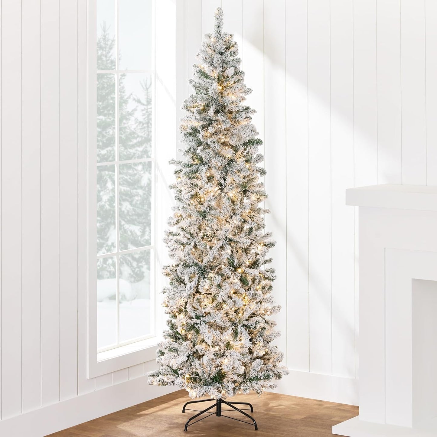 7.5Ft Flocked Pencil Christmas Tree W/Twinkling Leds, Pre-Lit Slim Artificial Holiday Decoration, Lighted Skinny W/Base, 350 Lights, 641 Tips, Warm White Lights
