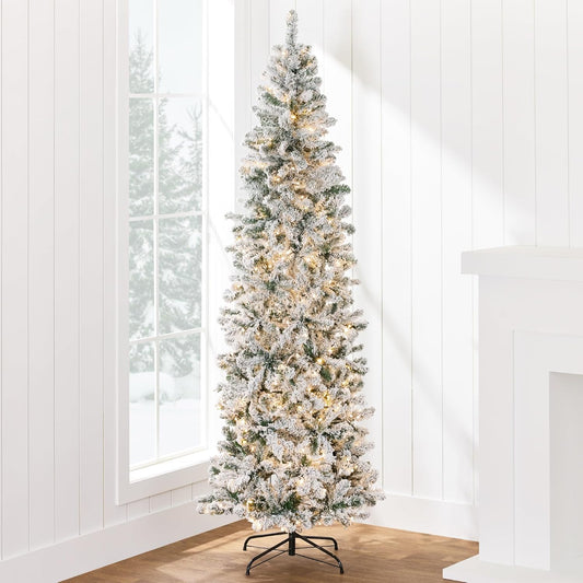 7.5Ft Flocked Pencil Christmas Tree W/Twinkling Leds, Pre-Lit Slim Artificial Holiday Decoration, Lighted Skinny W/Base, 350 Lights, 641 Tips, Warm White Lights