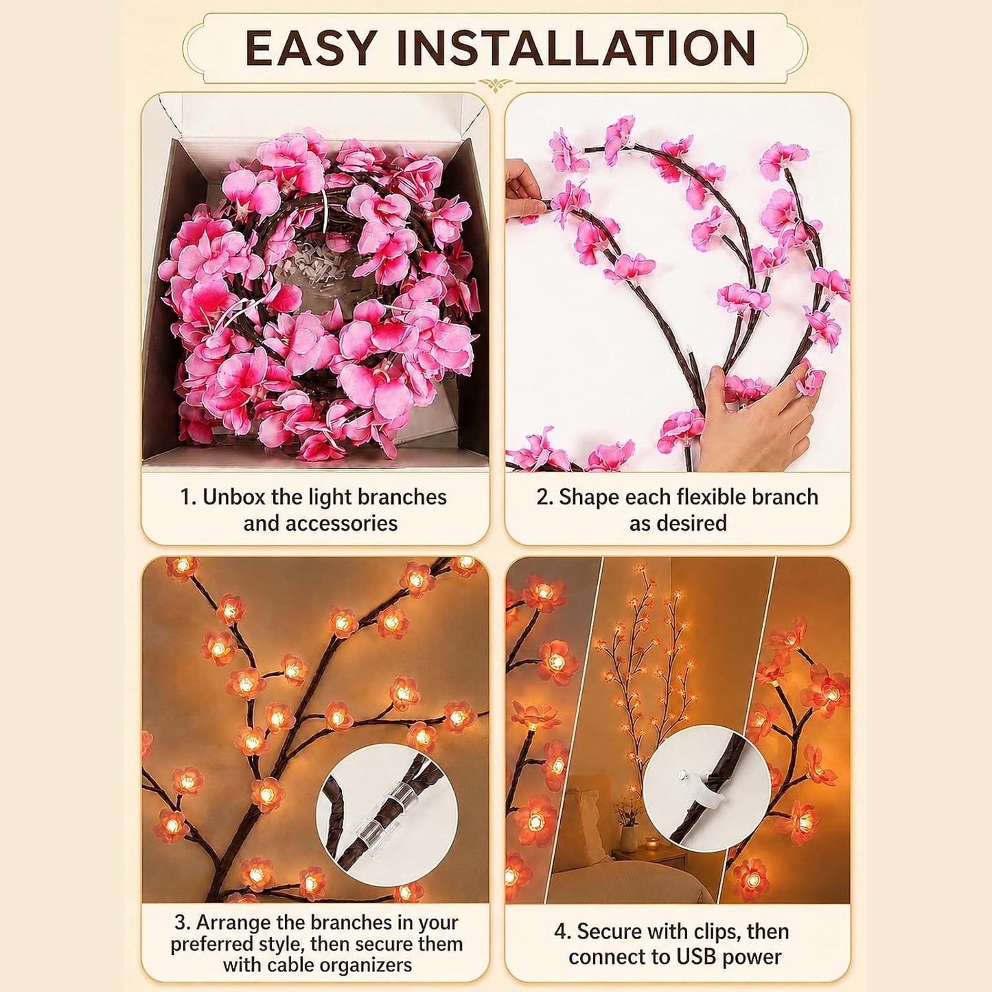 Cherry Blossom Willow Vine LED Tree Branch Lights 4FT 48 LED for Wall Decor