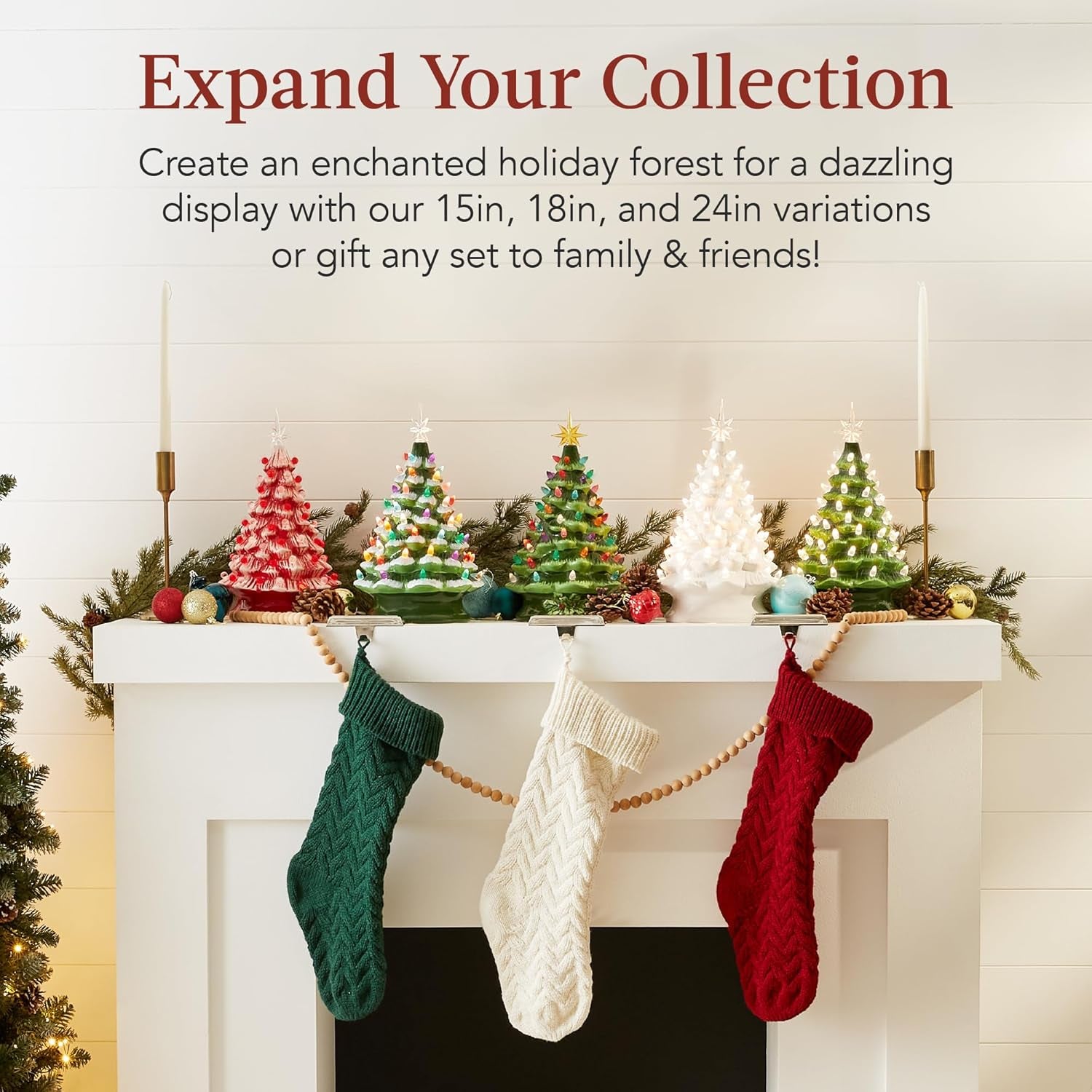 15In Ceramic Christmas Tree, Pre-Lit Hand-Painted Tabletop Holiday Tree, Star Topper, 64 Lights - Green W/Multicolored Bulbs