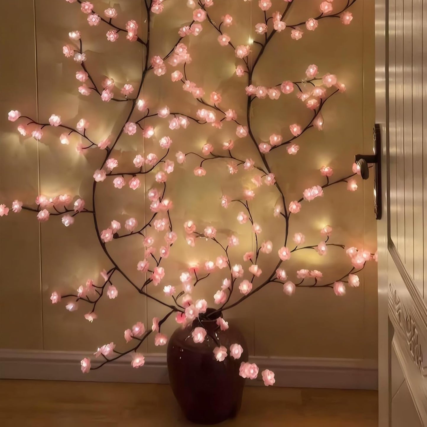 Cherry LED Tree Branch Lights for Wall, Cherry Blossom Willow Vine Twig Decor Garland with 144 LED Lights and Remote,8 Lighting Modes,Christmas Decorations Indoor for Home Wall Door Window (90Inch)