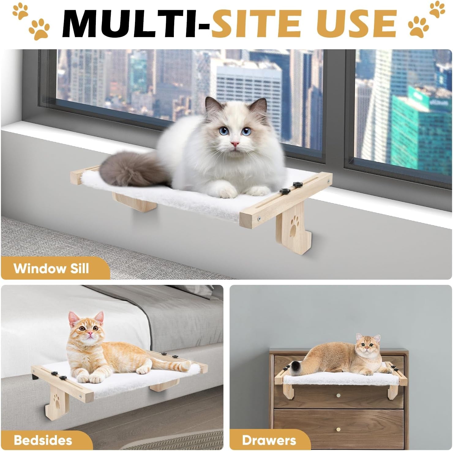 Cat Window Perch, Cat Window Hammock for Indoor Cats, Easy to Adjust & Assemble Large Cat Bed Seat for Windowsill, Bedside,Drawer and Cabinet