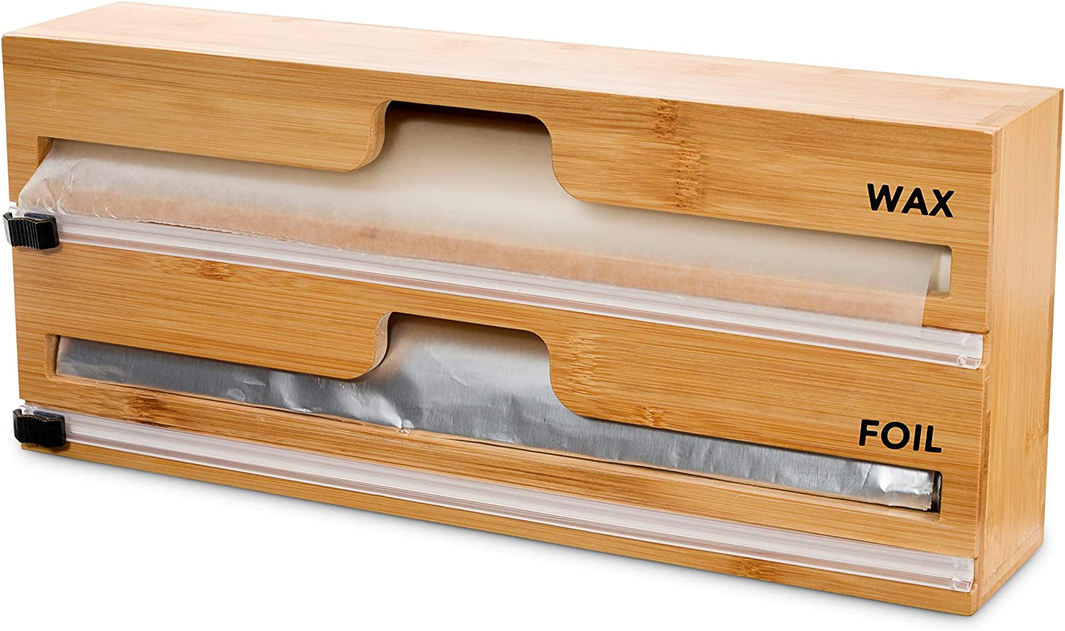 2 in 1 Wrap Dispenser with Cutter and Labels, Plastic Wrap, Aluminum Foil and Wax Paper Dispenser for Kitchen Drawer, Bamboo Roll Organizer Holder, Compatible with 12" Roll