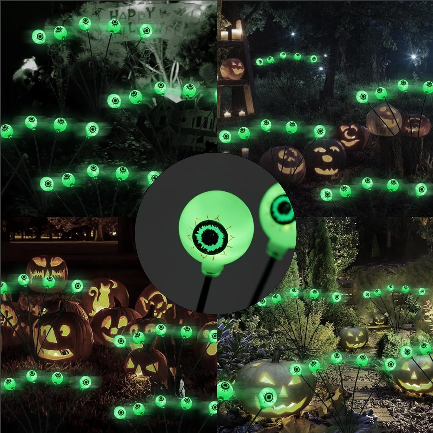 4 Pack 24LED Solar Eyeball Pathway Lights, Scary Halloween Decorations Outdoor, Waterproof Solar Green Firefly Lights for Garden Lawn Yard Decor (4 Pack)