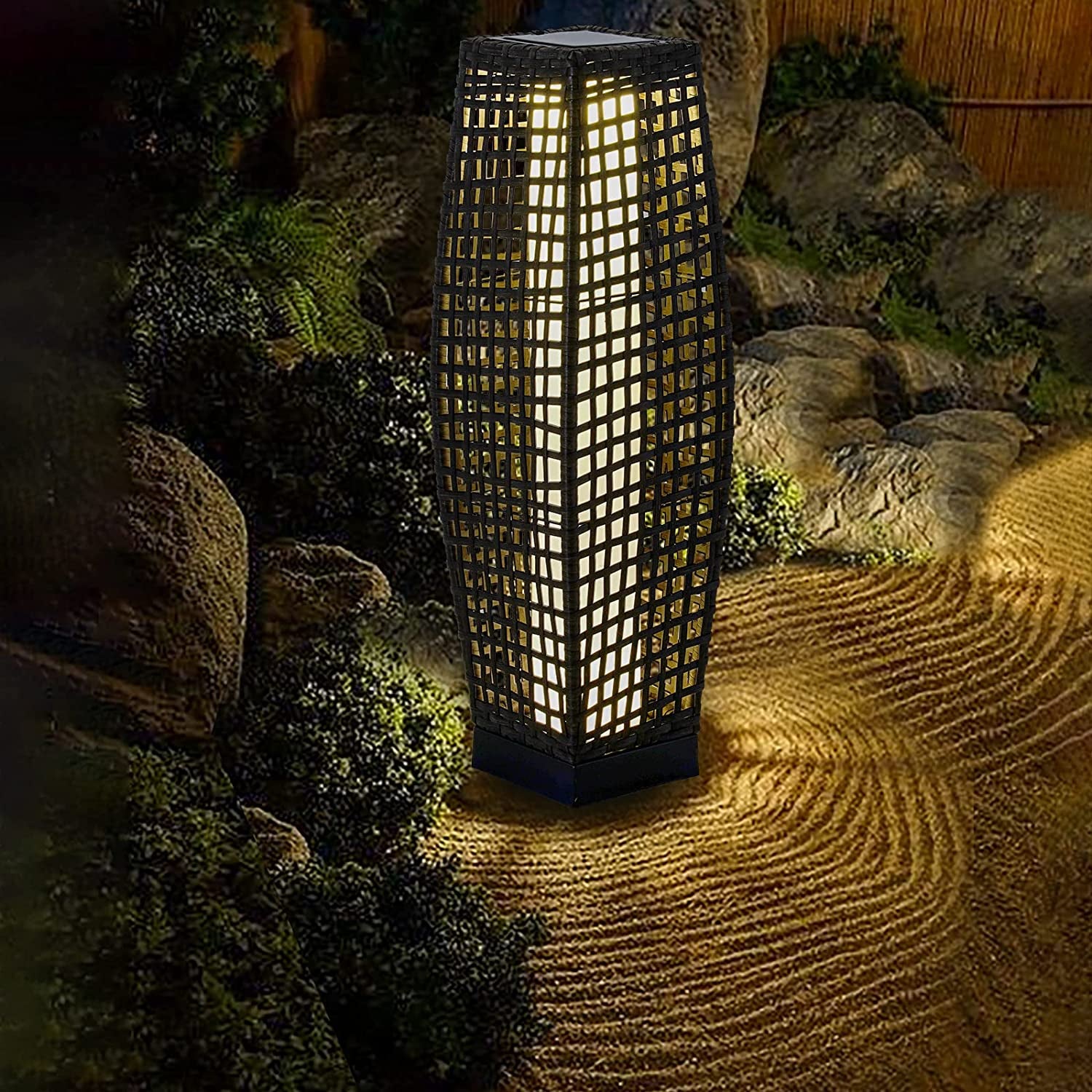 Outdoor Solar Powered Resin Wicker Floor Lamp, Outdoor Weather-Resistant Deck Light, for Garden or Porch -Large Fuji, Silver Gray
