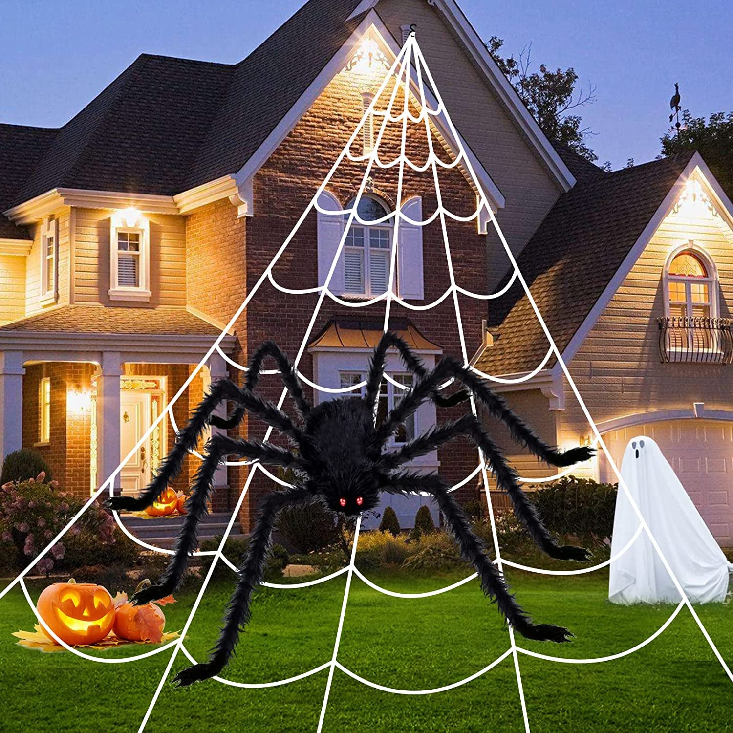 KUCHEY Halloween Decorations Outdoor 200'' Triangular Spider Web+47'' Giant Fake Spiders, Halloween Decor Indoor Clearance for Home outside Yard Costumes Party Haunted House Garden Lawn