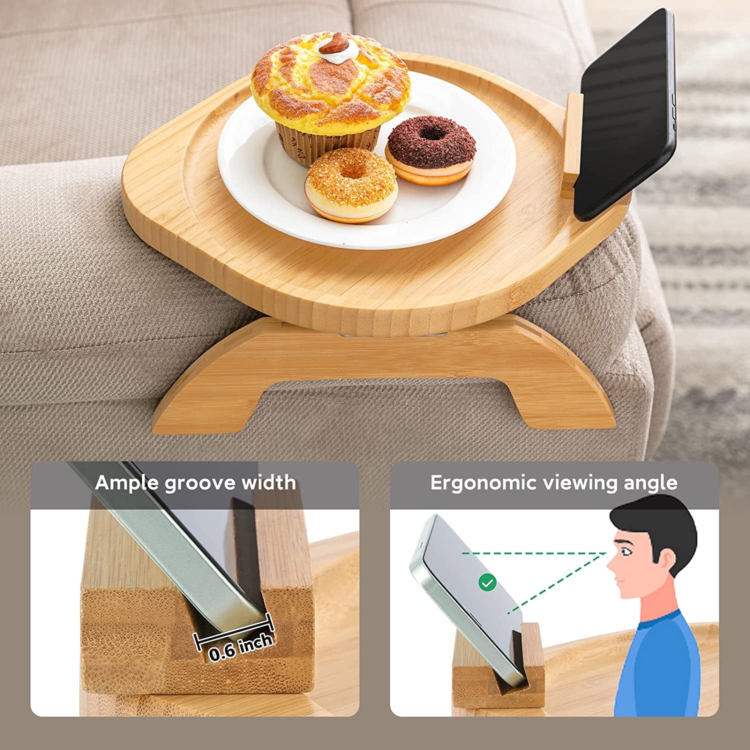Bamboo Sofa Tray Table Clip on Side Table Couch Arm with 360° Rotating Phone Holder, Couch Tray for Arm, Sofa Table for Eating/Drinks/Snacks/Remote/Control