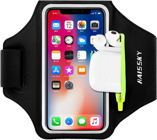 Running Armband with Airpods Bag Cell Phone Armband for Iphone 14 13 Pro 14 plus 12 11 XR XS, Galaxy S20/S10 Water Resistant Sports Phone Holder Case & Zipper Slot Car Key Holder for 6.5 Inch Phone