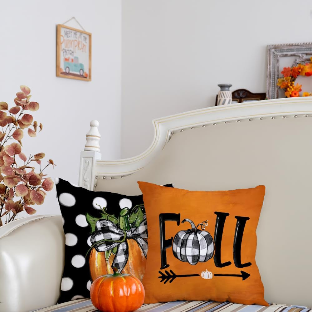 Fall Pillow Covers 18 X 18 Inch Set of 4, Polka Dots Buffalo Bow-Knot Pumpkins Truck Thankful Thanksgiving Decor Decorative Throw Cushion Cases Decoration for Home Sofa Couch (Black) G405-18