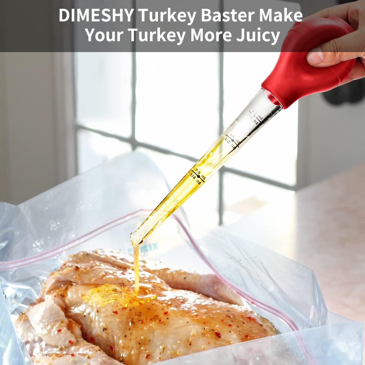 Turkey Baster Food Grade for Cooking & Basting, Detachable round Bulb, Baster Cooking Good for Meat Poultry Beef Chicken, with Cleaning Brush, Inject Needle, Basting Brush(Red)