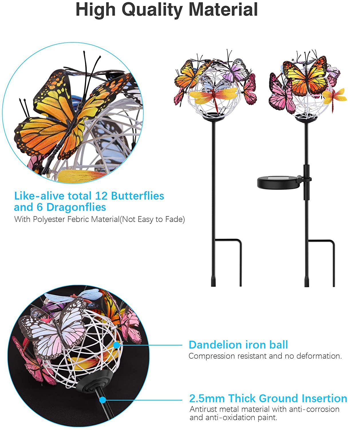 Solar Lights Outdoor Butterfly Lights Garden Decorative Solar Stake Lights with Butterflies Decor Powered Waterproof for Garden Yard Pathway 2 Pack