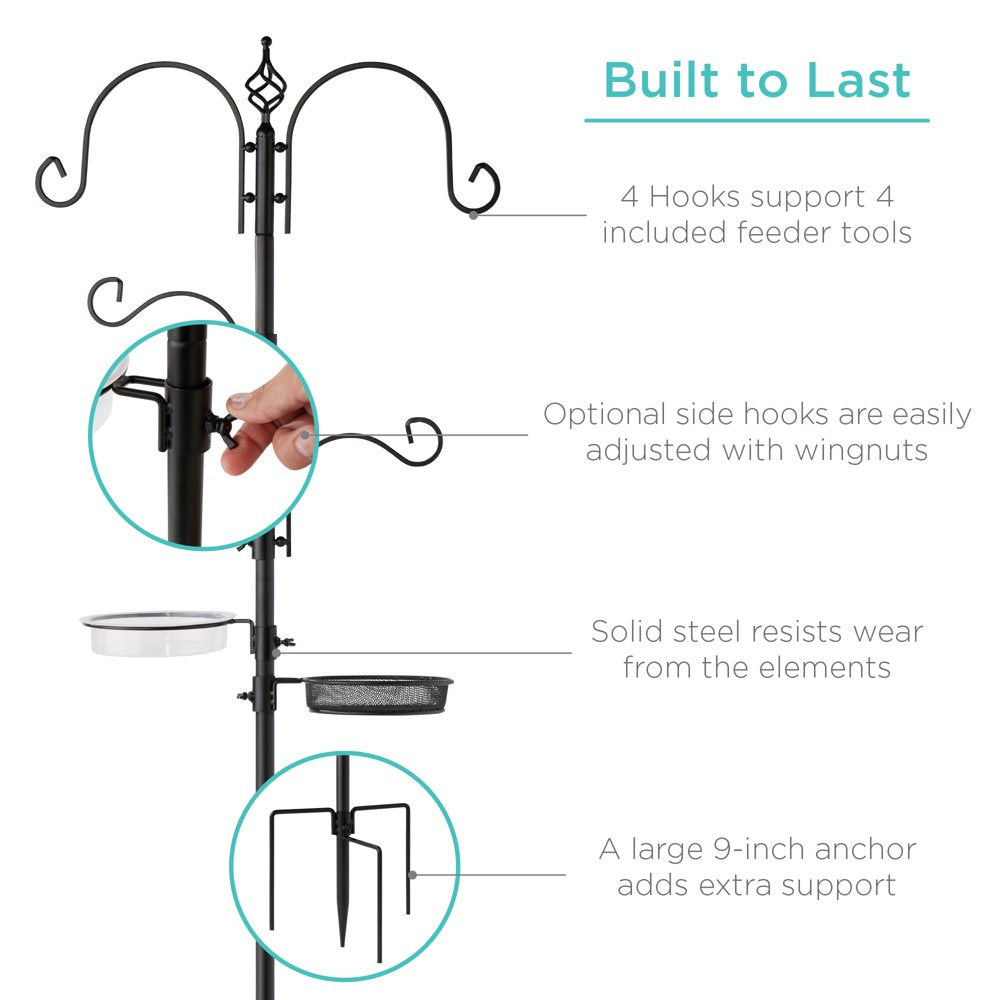 91In 4-Hook Bird Feeding Station, Steel Multi-Feeder Stand W/ 2 Feeders, Tray, Bird Bath - Black