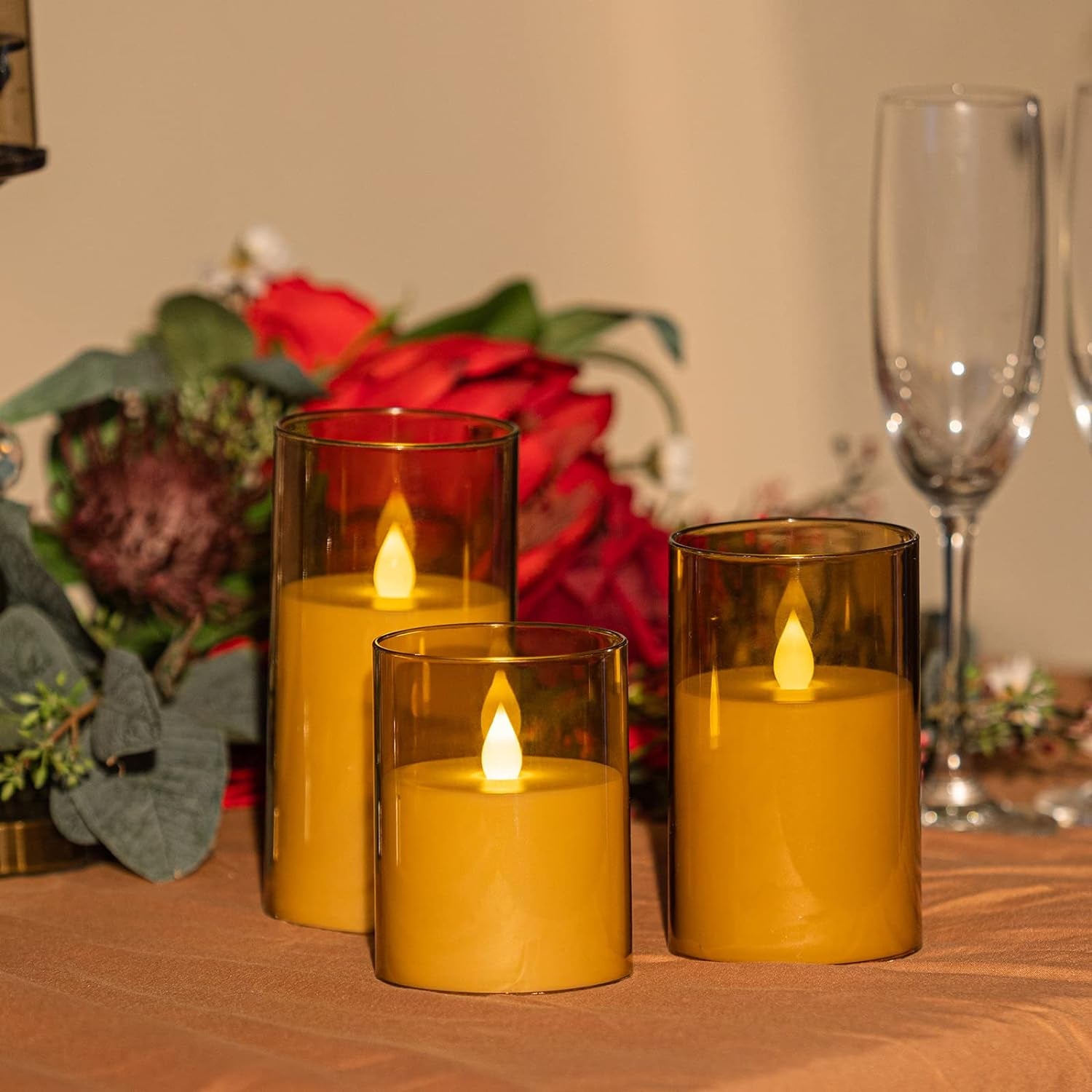 Flameless Candles with Remote, Acrylic Battery Operated Flickering LED Pillar Candles Set of 3 (D:3" X H:4" 5" 6"), Electric Fake Candles, Brown