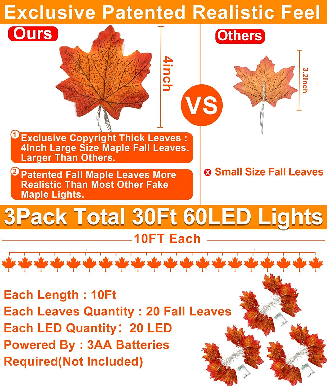 3 Pack Fall Thanksgiving Lights Thanksgiving Decorations for Home, Enlarged Maple Leaf Thanksgiving Garland, 30 Ft 60 LED Waterproof Battery Operated Leaf Lights Halloween Decoration Indoor Fall Decor