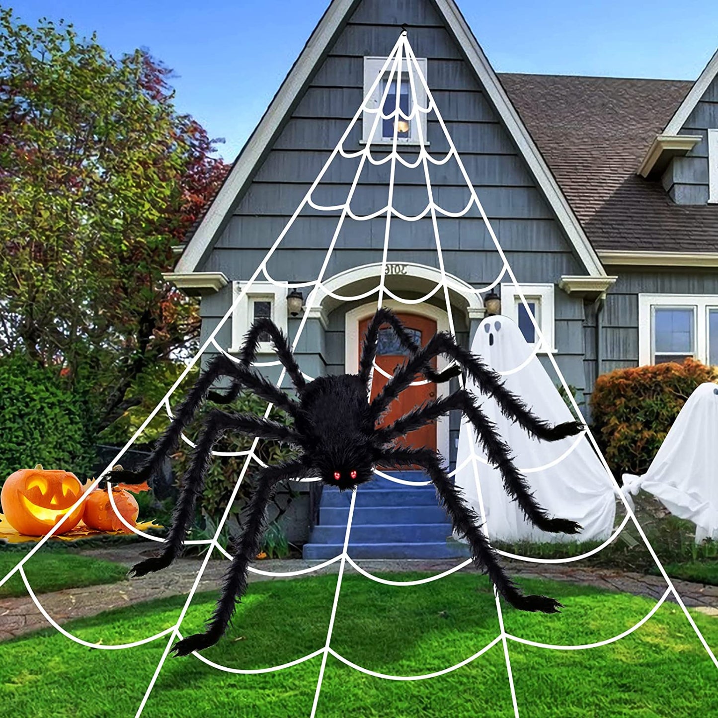 KUCHEY Halloween Decorations Outdoor 200'' Triangular Spider Web+47'' Giant Fake Spiders, Halloween Decor Indoor Clearance for Home outside Yard Costumes Party Haunted House Garden Lawn