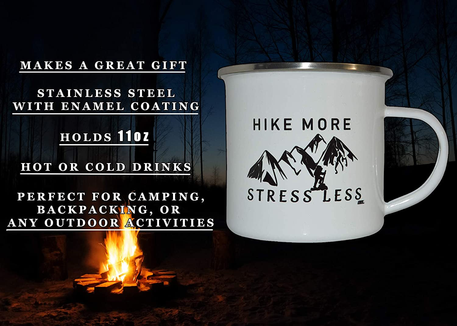 Funny Camp Mug Enamel Camping Coffee Cup Gift Hike More Stress Less Camping Gear