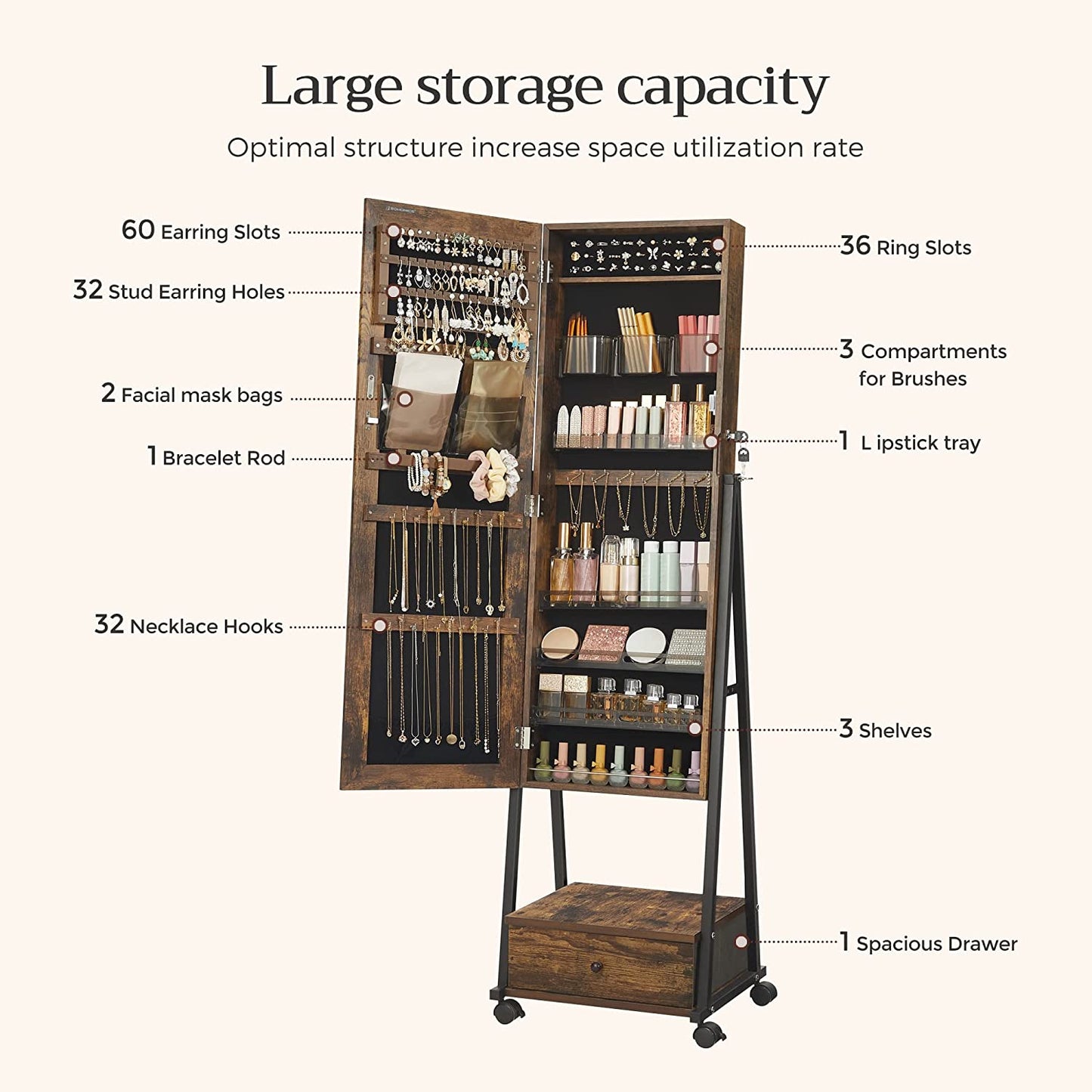 Jewelry Cabinet Floor Standing, Lockable Jewelry Organizer with High Full-Length Mirror, Bottom Drawer, Shelf, Wheels, Christmas Gifts, Rustic Brown and Black UJJC004X01