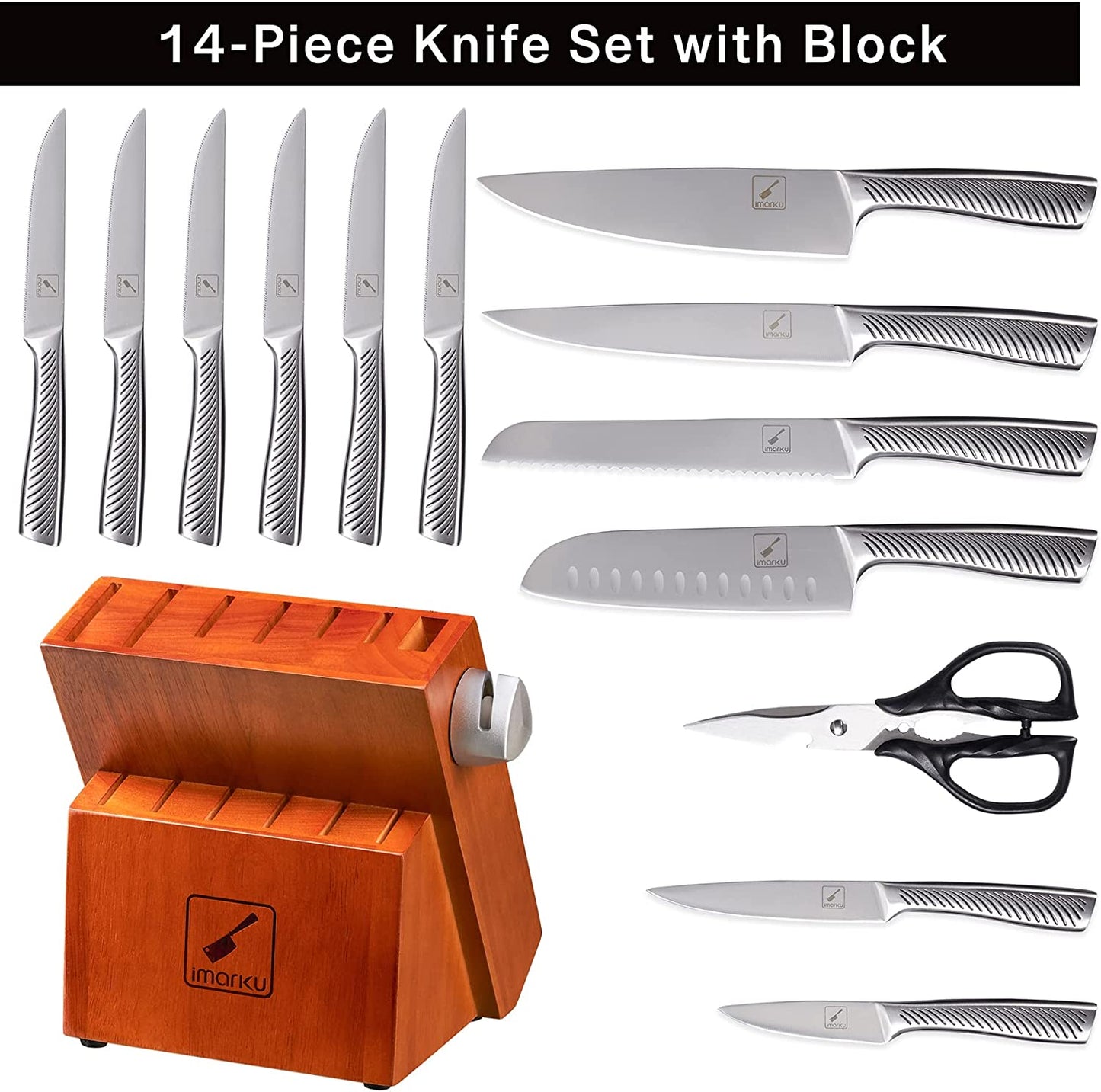 Kitchen Knife Set with Block,  14-Piece High Carbon Stainless Steel Knife Set, Dishwasher Safe Kitchen Knives, Chef Knife Set with Built-In Sharpener, Ergonomic Handle, Christmas Gifts for Women