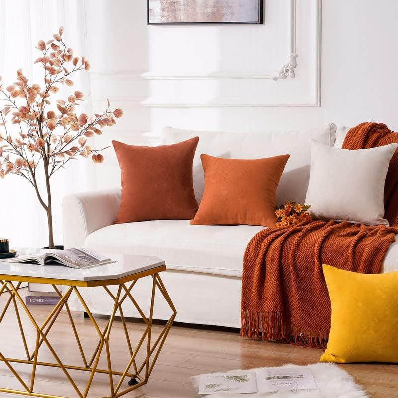 l Decorative Throw Pillow Covers Solid Soft Chenille Cushion Cover Case Fall Orange 16 X 16Inch for Couch Bedroom Sofa 40 X 40 Cm, Set of 2, Orange