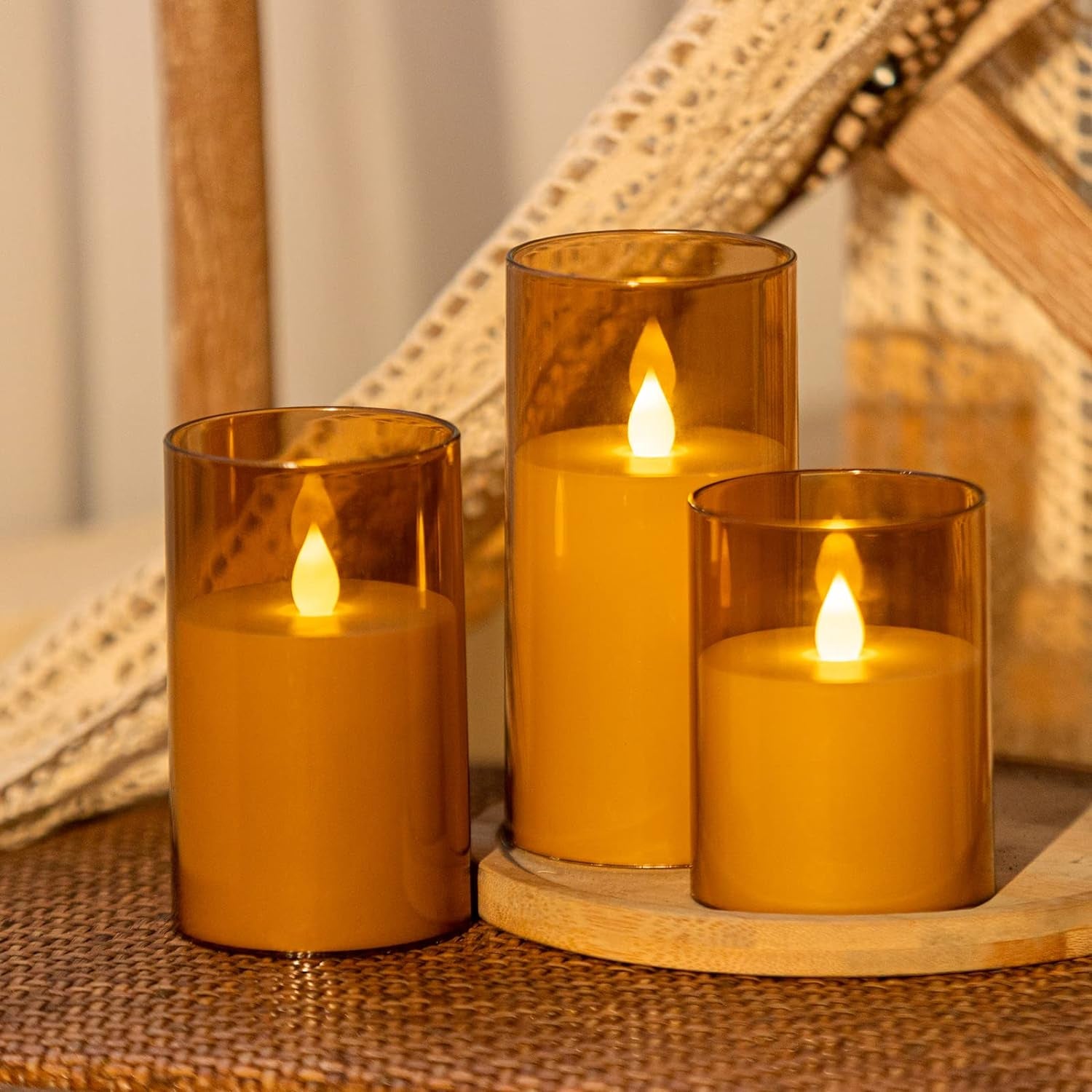 Flameless Candles with Remote, Acrylic Battery Operated Flickering LED Pillar Candles Set of 3 (D:3" X H:4" 5" 6"), Electric Fake Candles, Brown