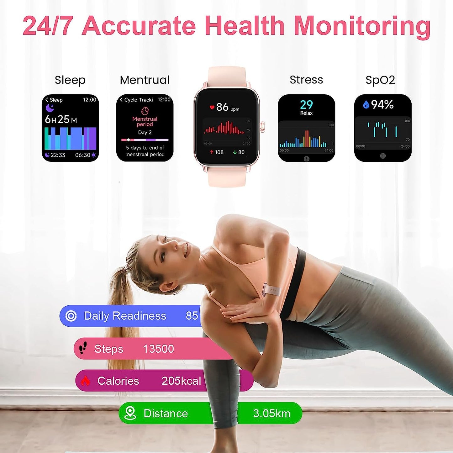Fitness Smart Watch with Alexa for Women Men, 24/7 Heart Rate, Blood Oxygen, Stress and Sleep Tracker,100 Sports Modes, 5ATM Waterproof Activity Trackers and Smart Watches