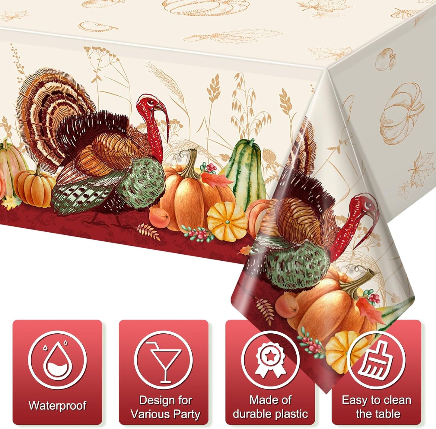 3 Pack Thanksgiving Disposable Tablecloth for Rectangle Tables, Plastic Thanksgiving Turkey Tablecloth Party Supplies, Pumpkin Table Cover for Fall Thanksgiving Harvest Party Decorations, 54X108 Inch