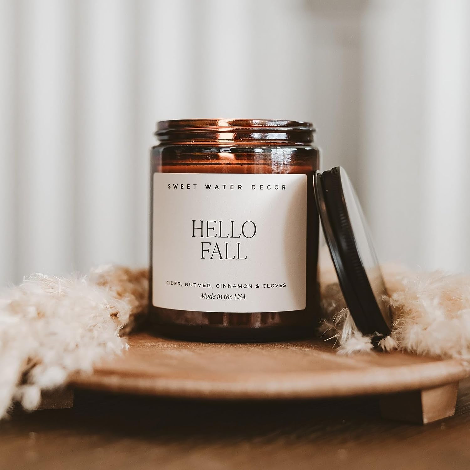 Hello Fall Soy Candle | Hot Cider, Cinnamon, Cloves, Apple, and Nutmeg Scented Candles for Home | 9Oz Amber Jar + Black Lid, 40+ Hour Burn Time, Made in the USA