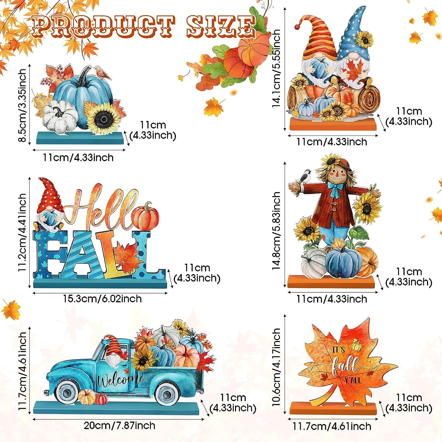6 Pcs Fall Table Decorations Wooden Thanksgiving Table Signs Hello Fall Gnomes Pumpkin Truck Scarecrow Table Centerpieces for Autumn Harvest Thanksgiving Party Decor Supplies(Fresh)