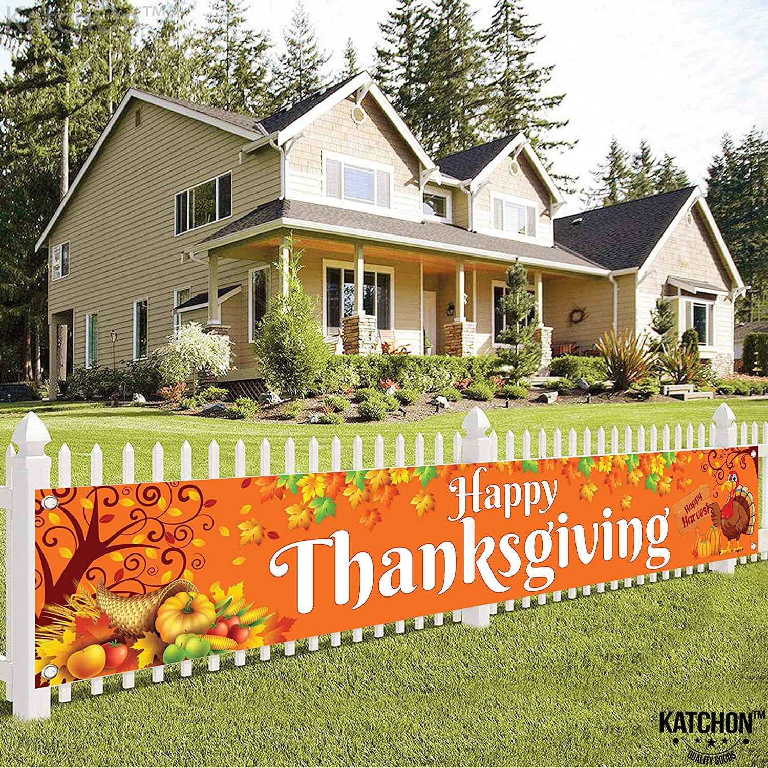, Large Happy Thanksgiving Banner Outdoor - 120X20 Inch | Thanksgiving Fence Banner for Thanksgiving Yard Decorations | Thanksgiving Banners for outside for Thanksgiving Banner Decorations