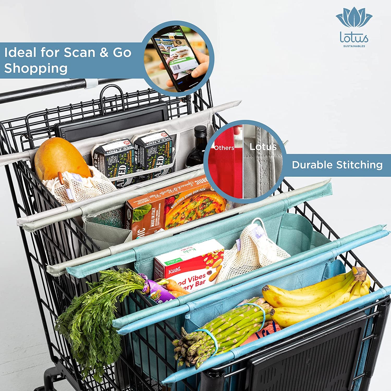 Grocery Store Reusable Easy Cart and Pack Set of 4 -W/Lrg COOLER Bag & Egg/Wine Holder! Reusable Grocery Cart Bags Sized for USA. Washable Eco-Friendly 4-Bag Grocery Tote. (Earth Tones)