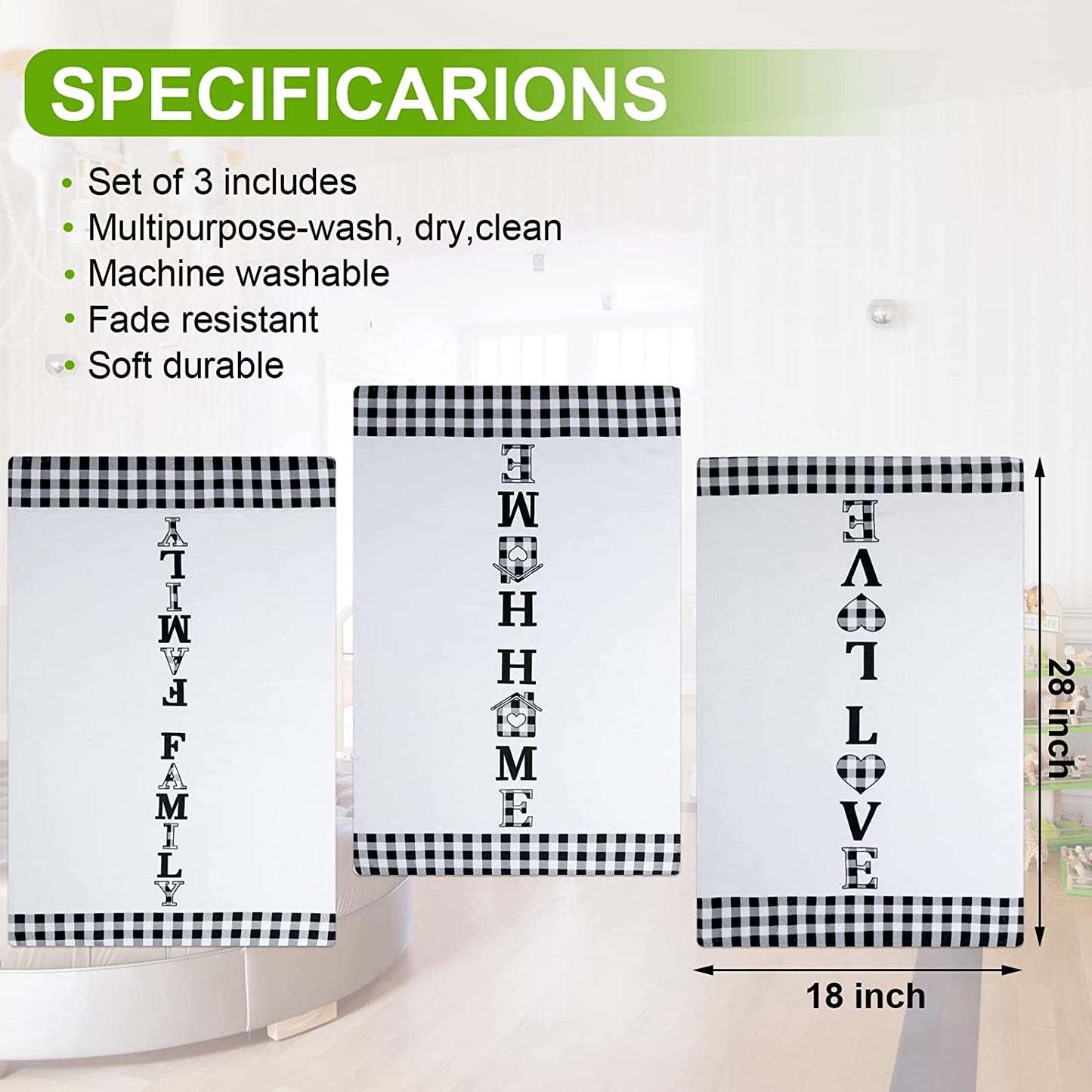 3 Pieces Buffalo Plaid Home Love Family Kitchen Towel Black and White Plaid Country Kitchen Towels Set Fast Drying Farmhouse Kitchen Towels Decorative Kitchen Towels for Cooking Baking (Cute)