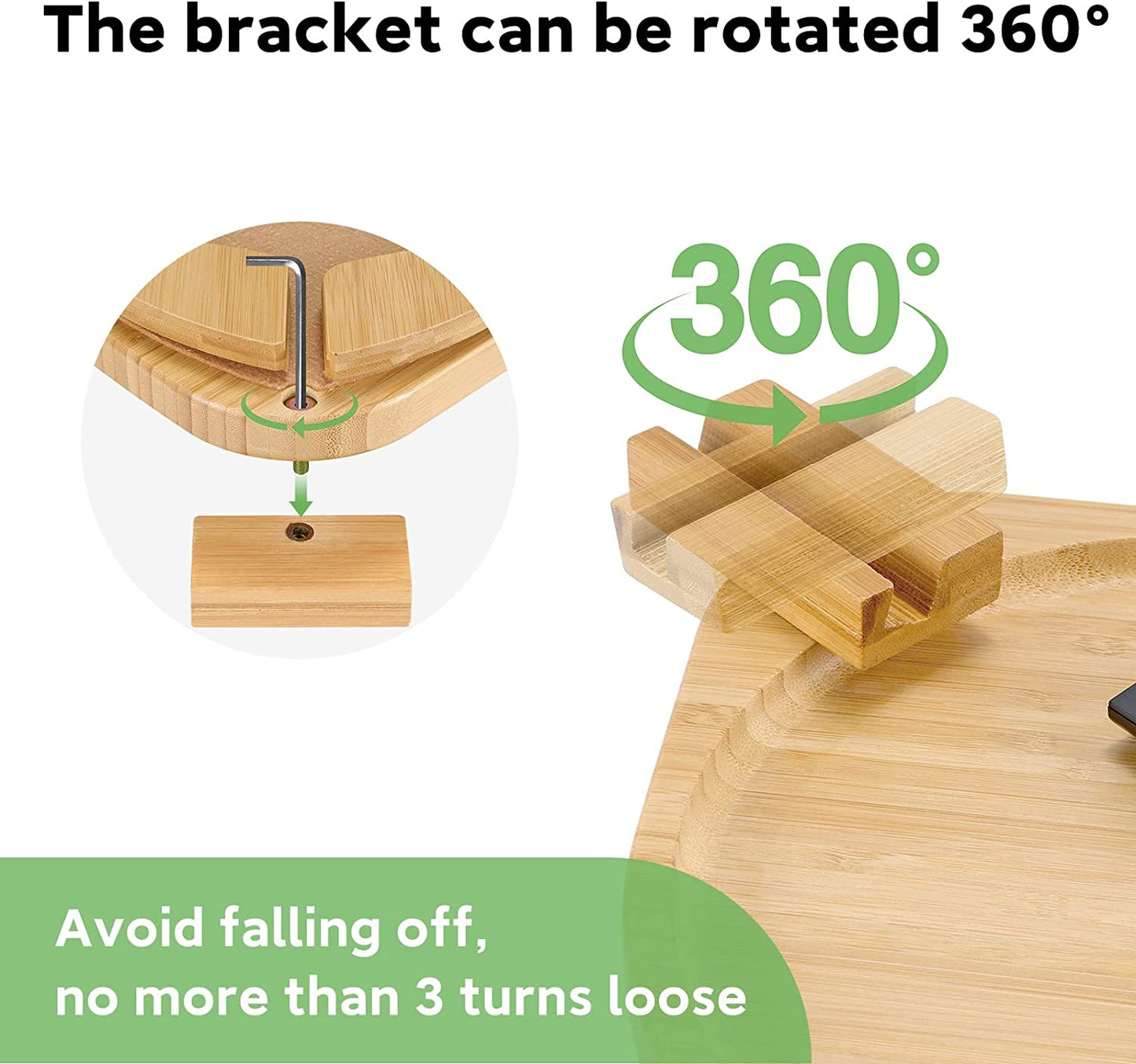 Bamboo Sofa Tray Table Clip on Side Table Couch Arm with 360° Rotating Phone Holder, Couch Tray for Arm, Sofa Table for Eating/Drinks/Snacks/Remote/Control
