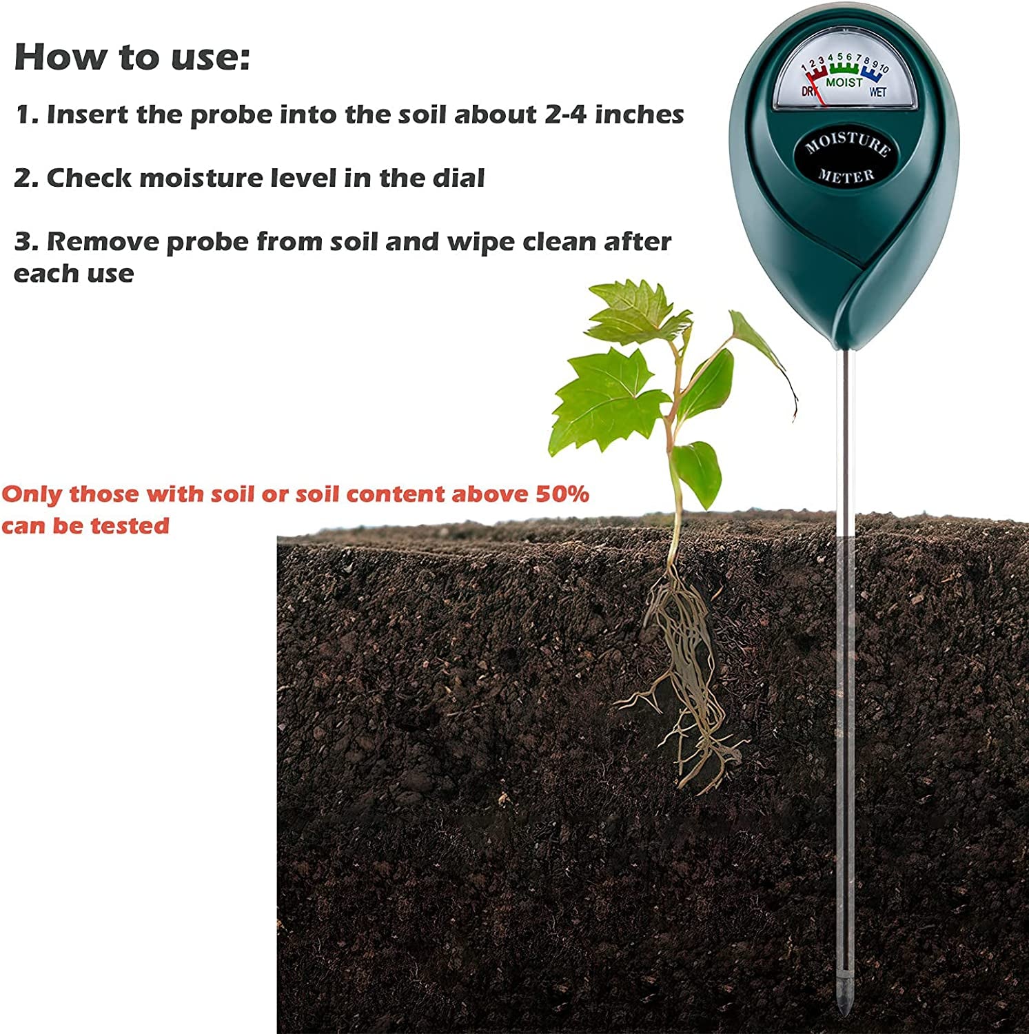 Soil Moisture Meter for House Plants, Plant Water Meter,Plant Moisture Meter for House Plants and Outdoor Plants, No Batteries Required (Green)