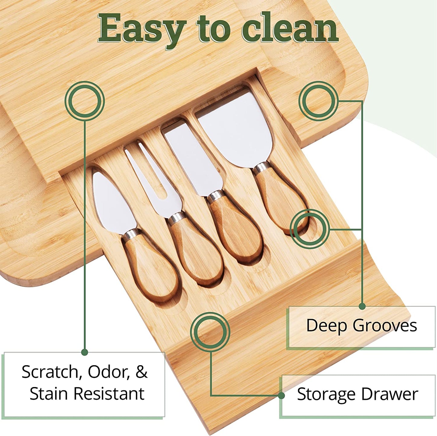 Bamboo Cheese Board Charcuterie Board Set with Cutlery - Slide-Out Drawer Includes 4 Stainless Steel Serving Utensils - Serving Tray for Wedding Gifts, Christmas Gifts, Housewarming